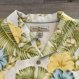 Tommy Bahama Mens Large Tropical Floral Palm Leaf Camp Shirt Yellow Green Silk